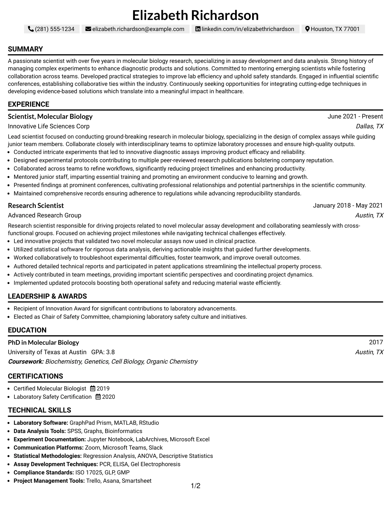 Resume Example Page 1