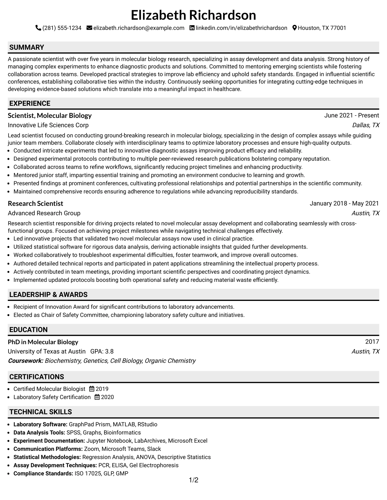 Resume Example Page 1
