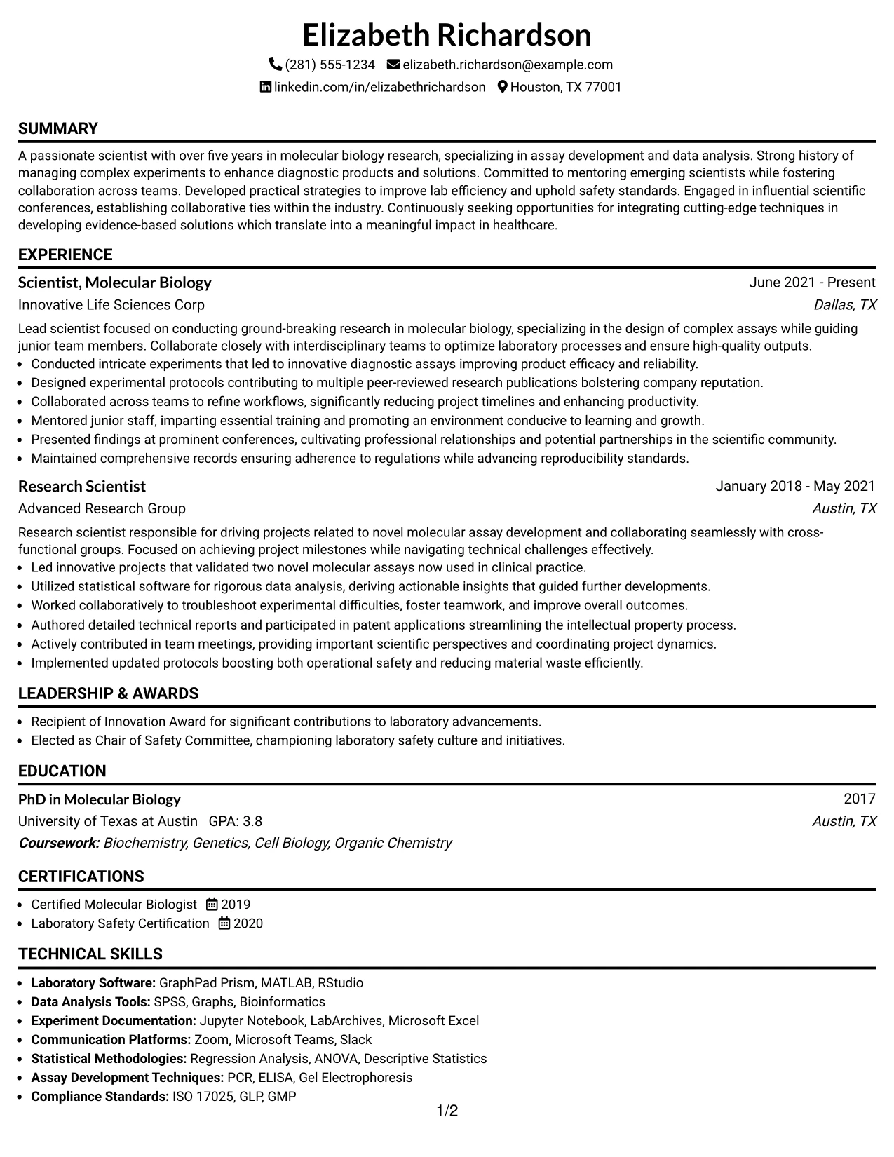 Resume Example Page 1