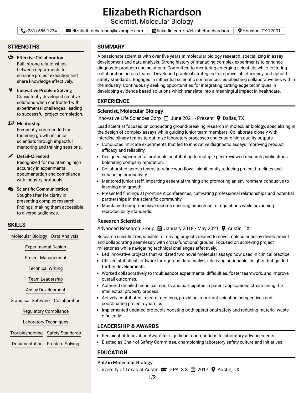 Resume Example Page 1