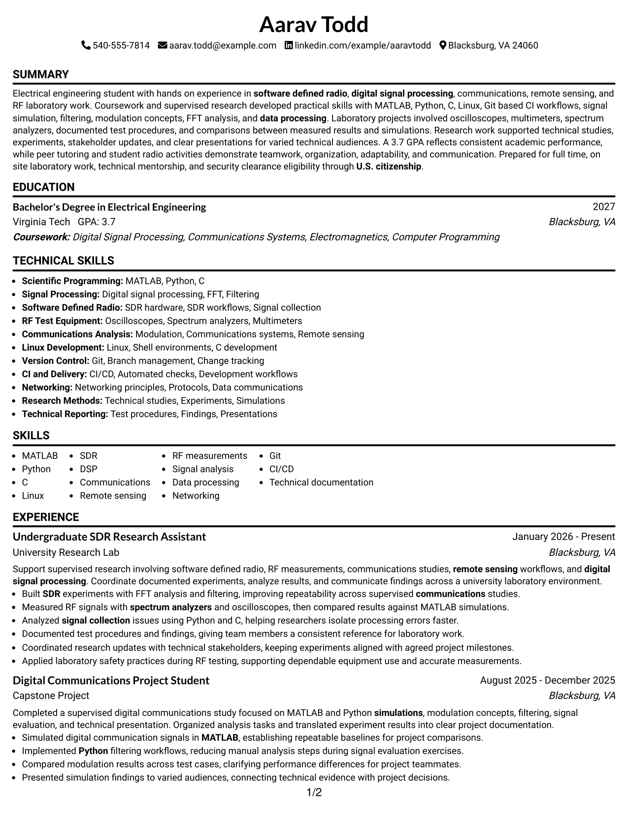 Resume Example Page 1