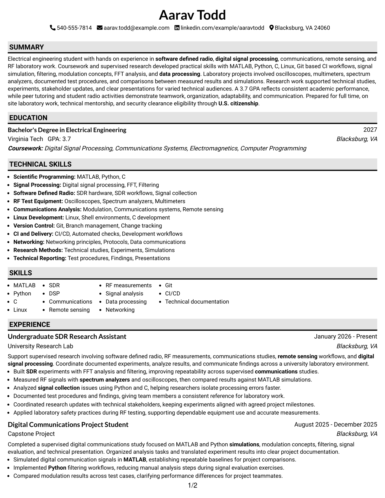 Resume Example Page 1