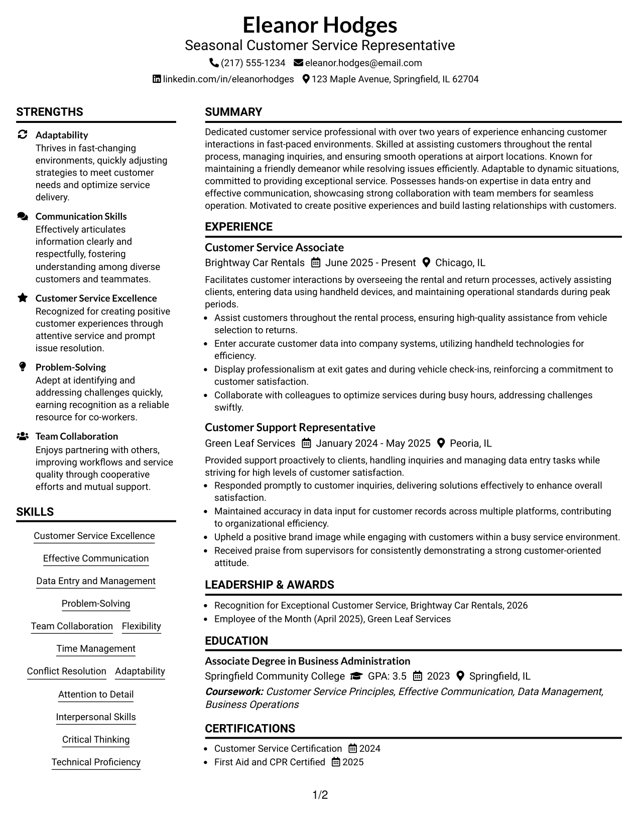 Resume Example Page 1
