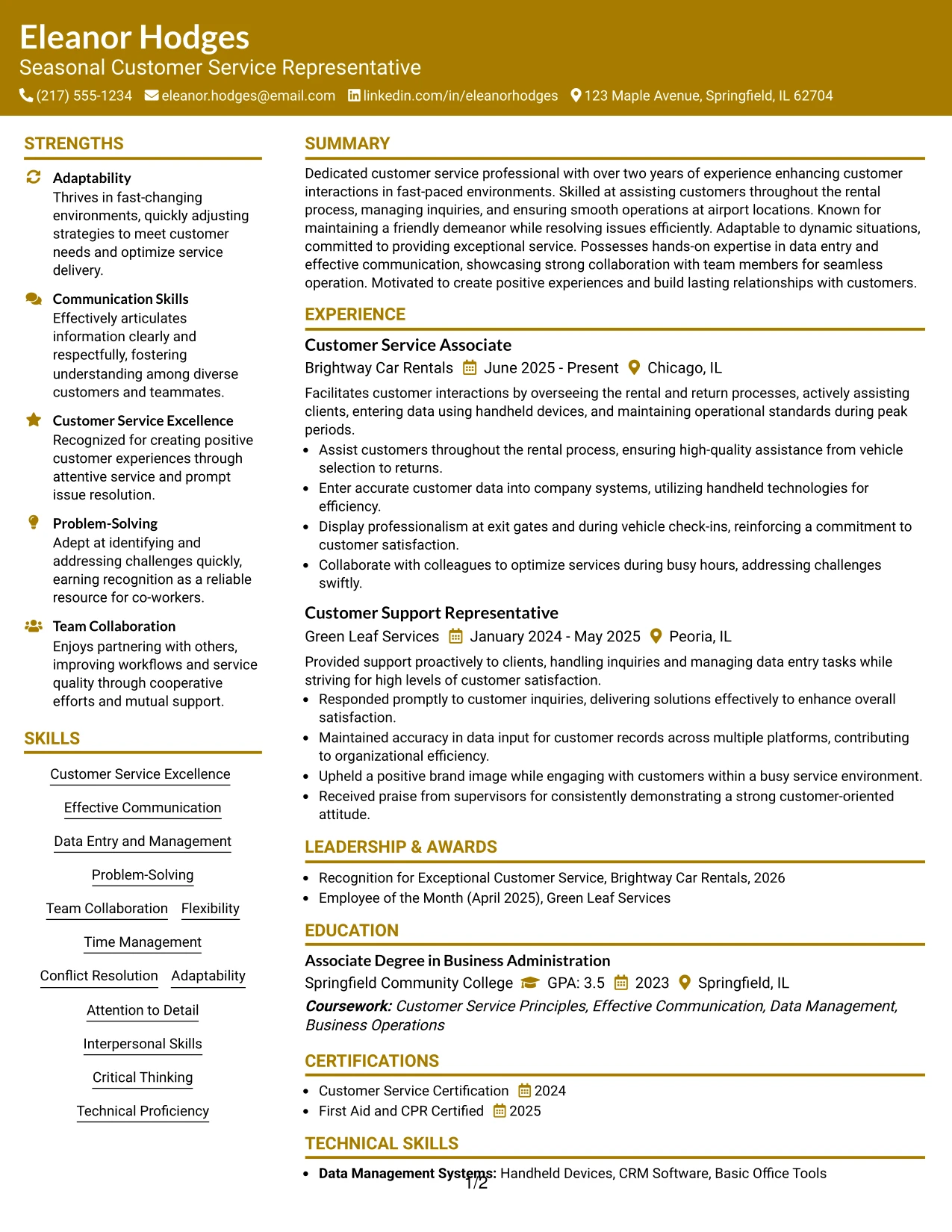 Resume Example Page 1