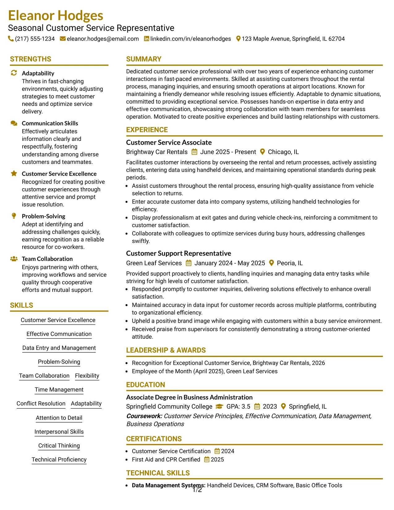 Resume Example Page 1