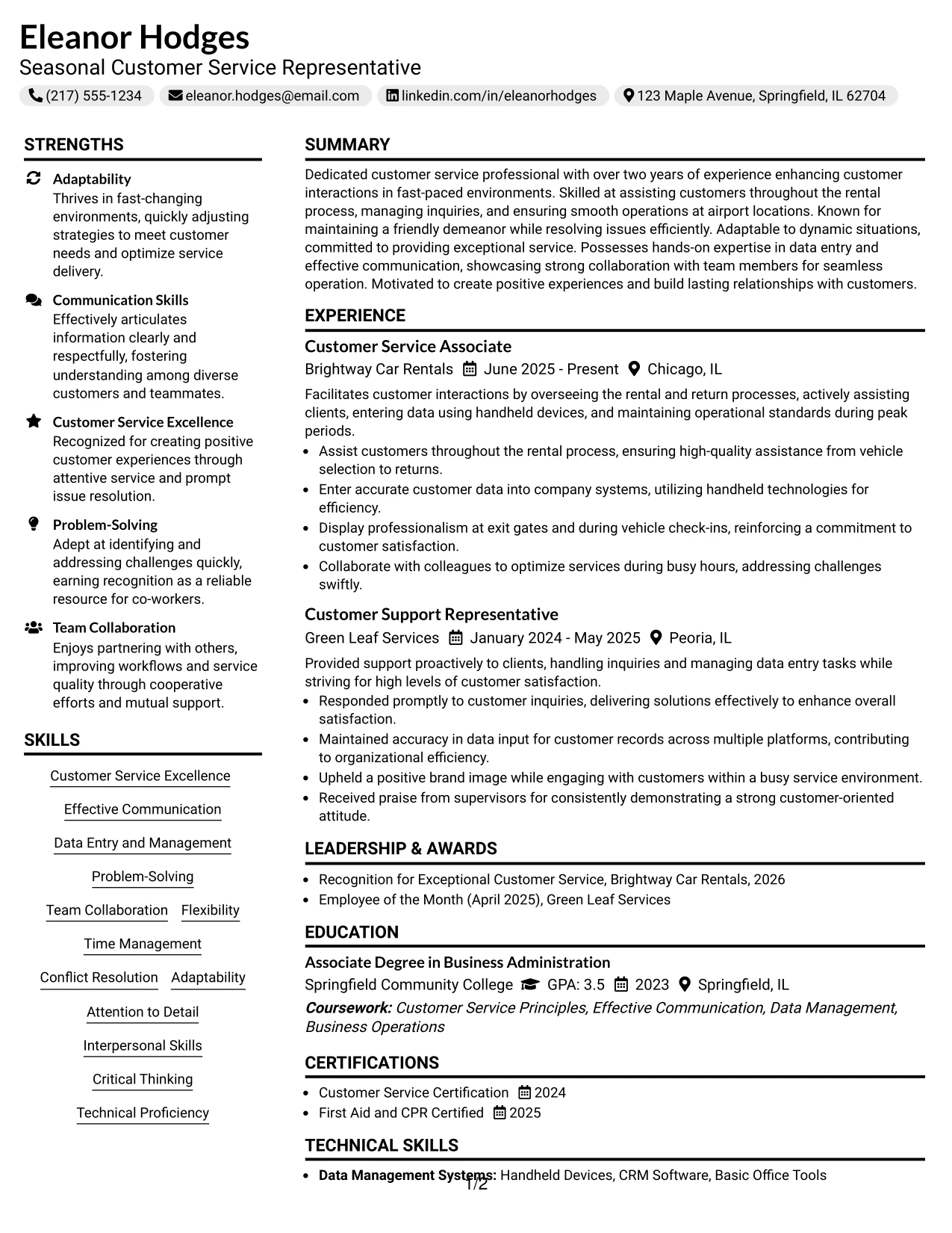 Resume Example Page 1