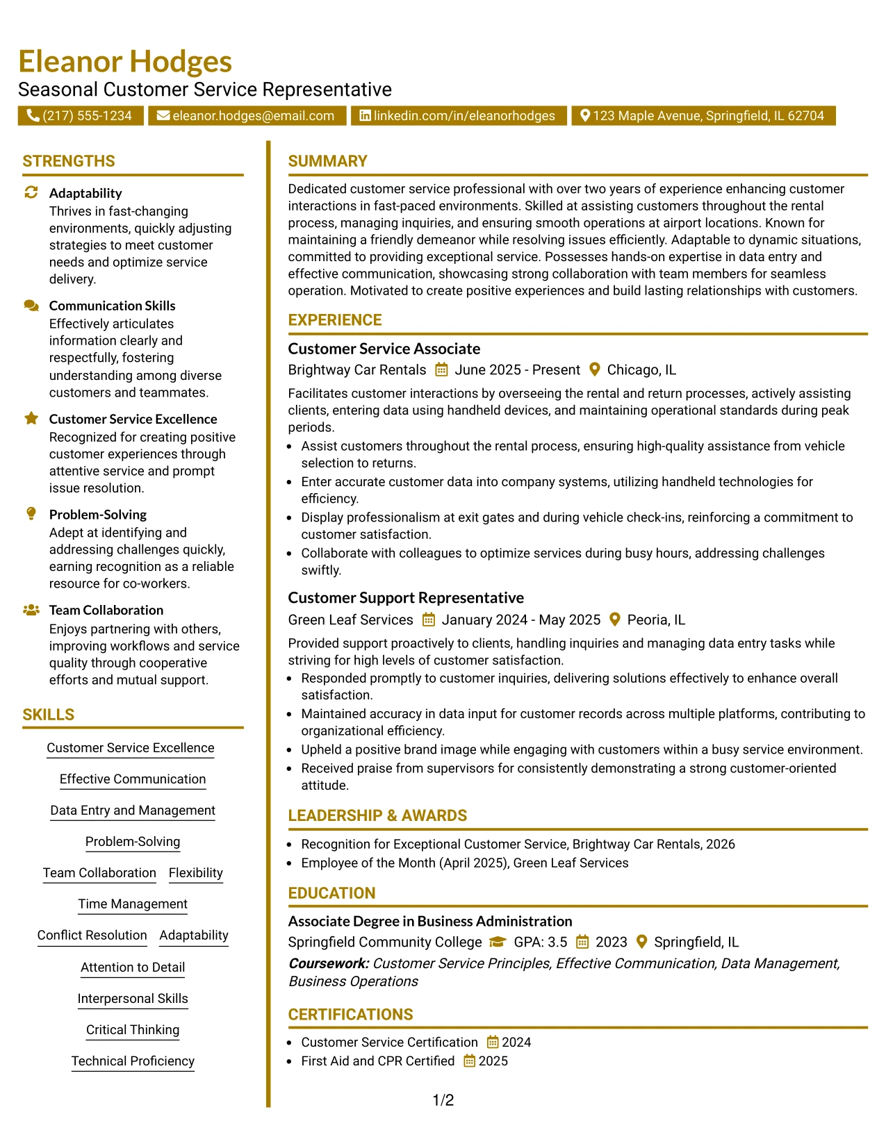 Resume Example Page 1