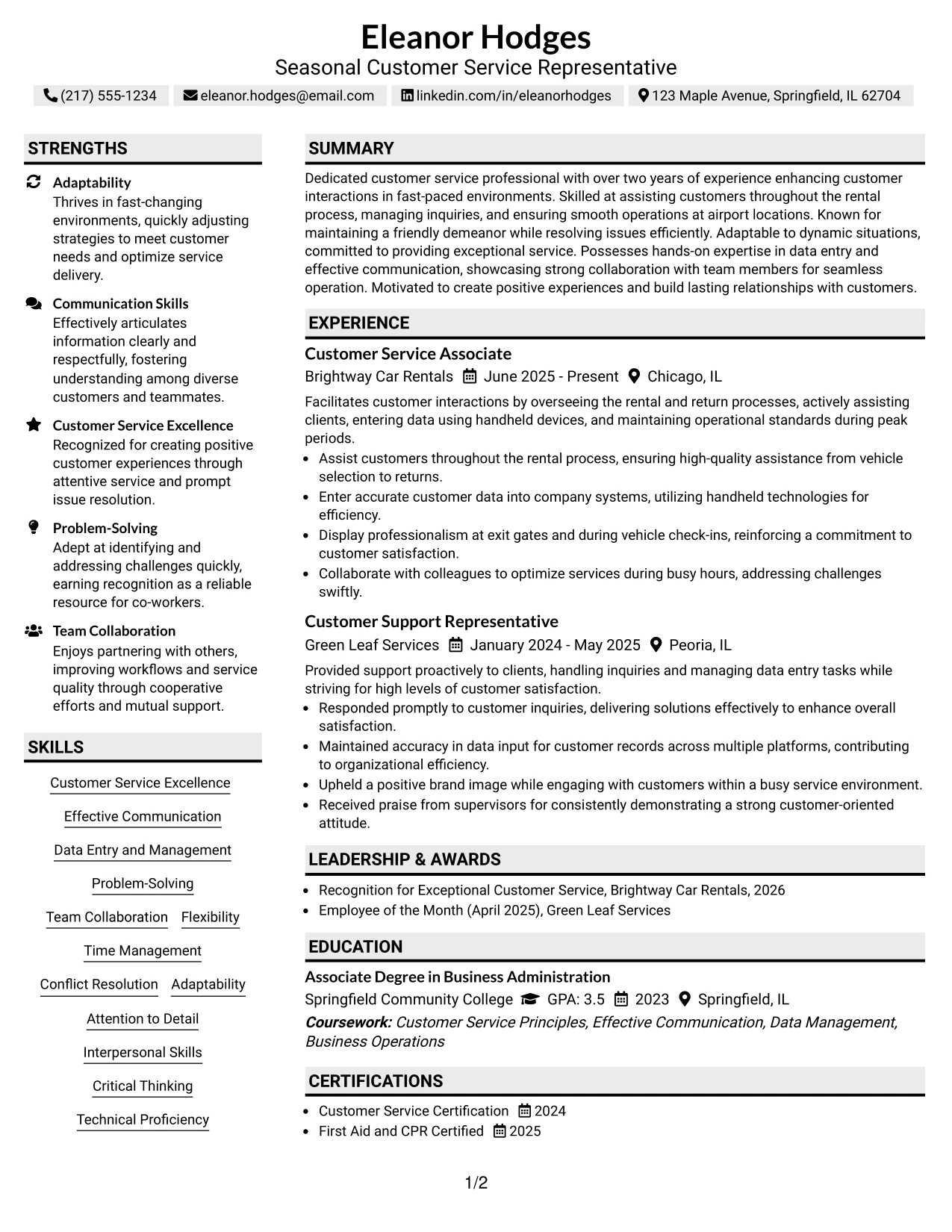 Resume Example Page 1
