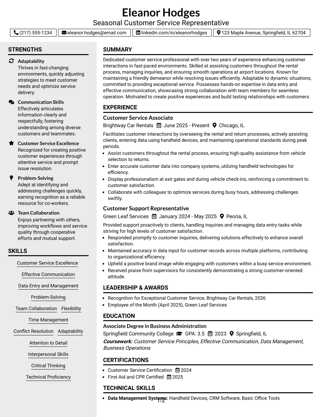 Resume Example Page 1