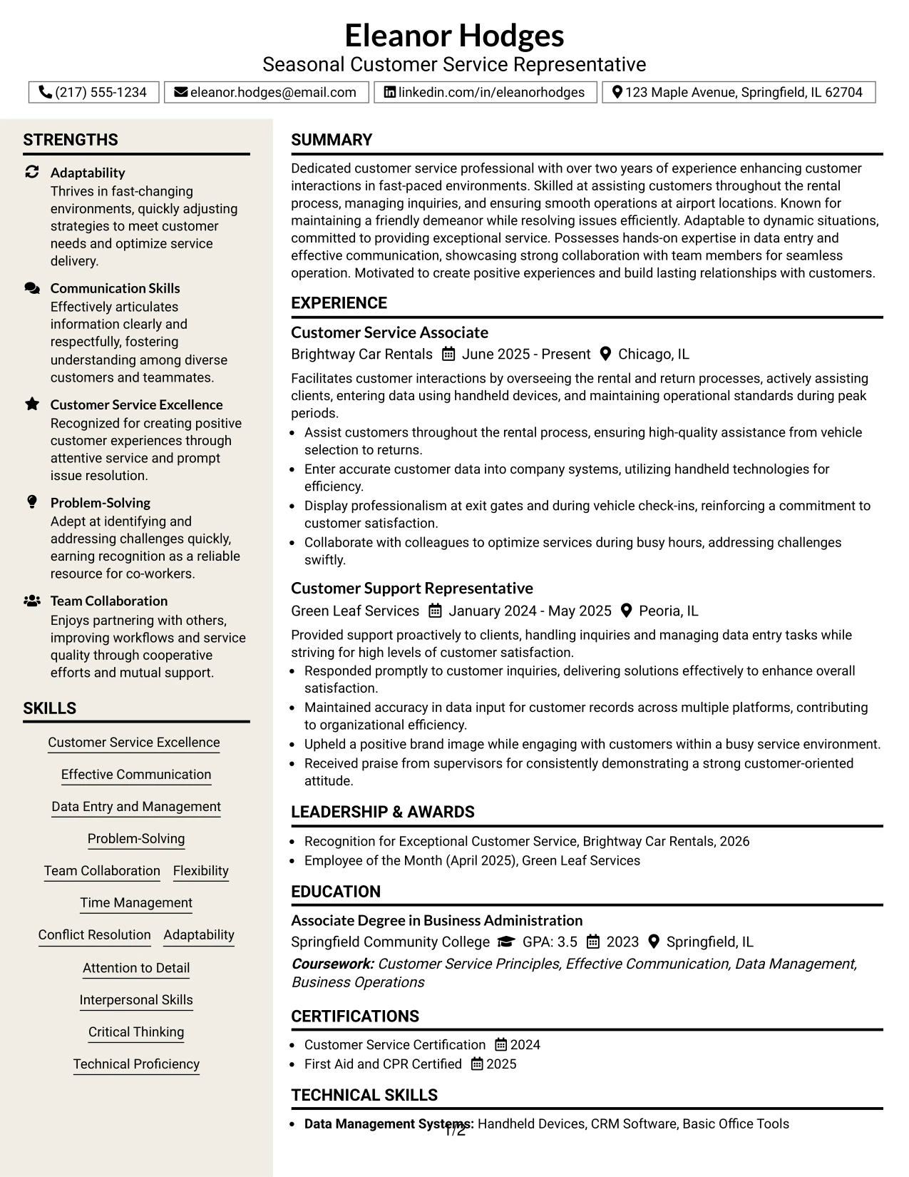 Resume Example Page 1