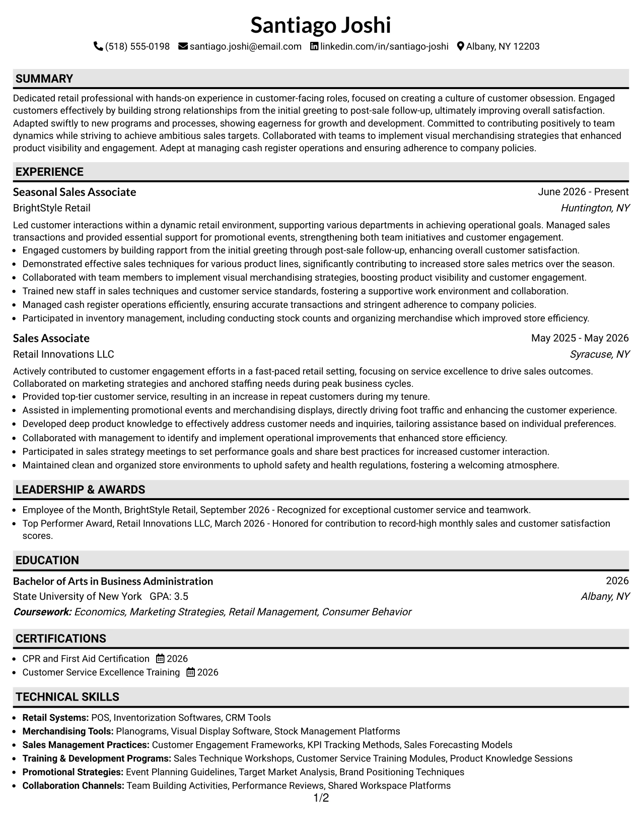 Resume Example Page 1