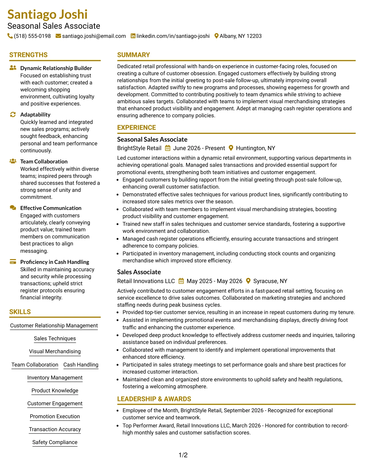 Resume Example Page 1
