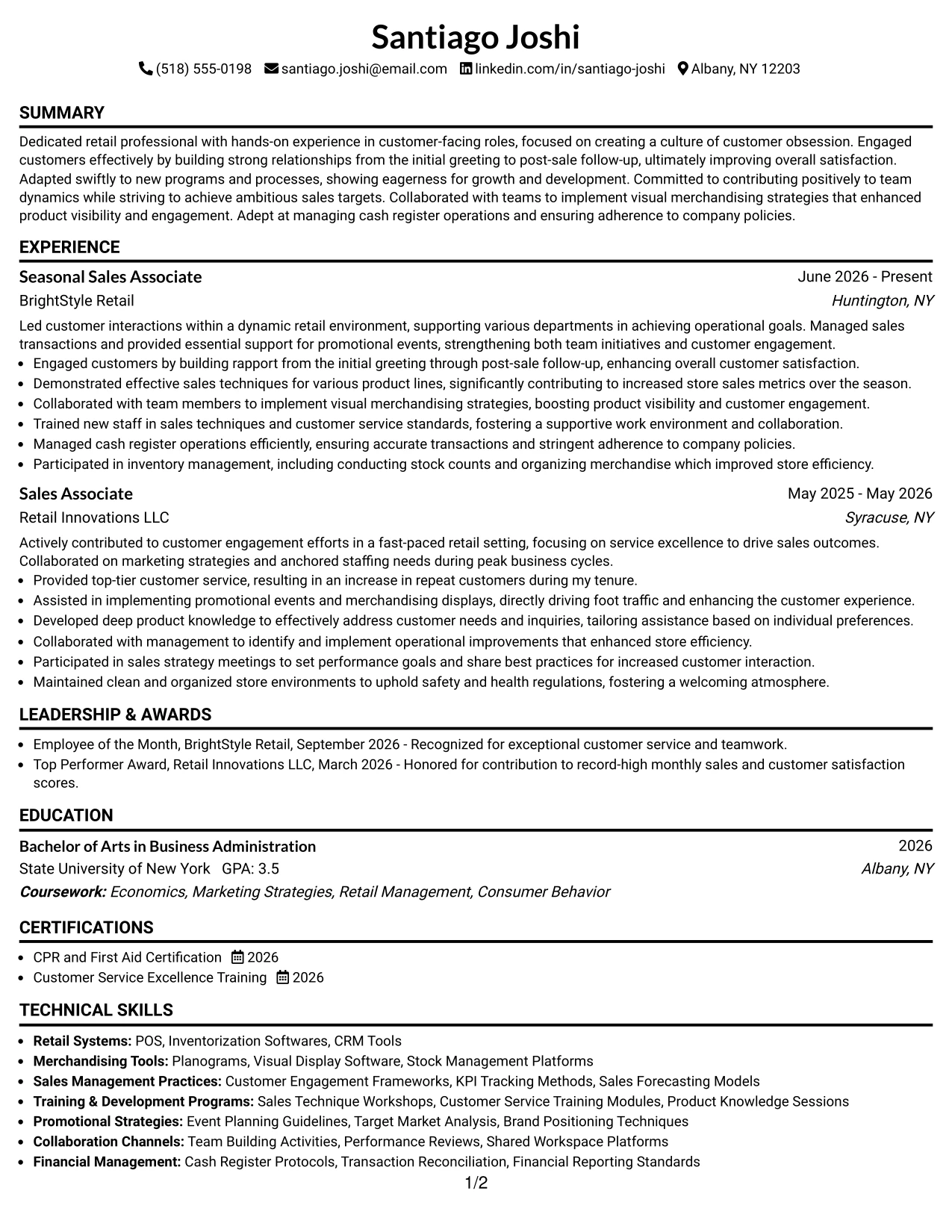 Resume Example Page 1