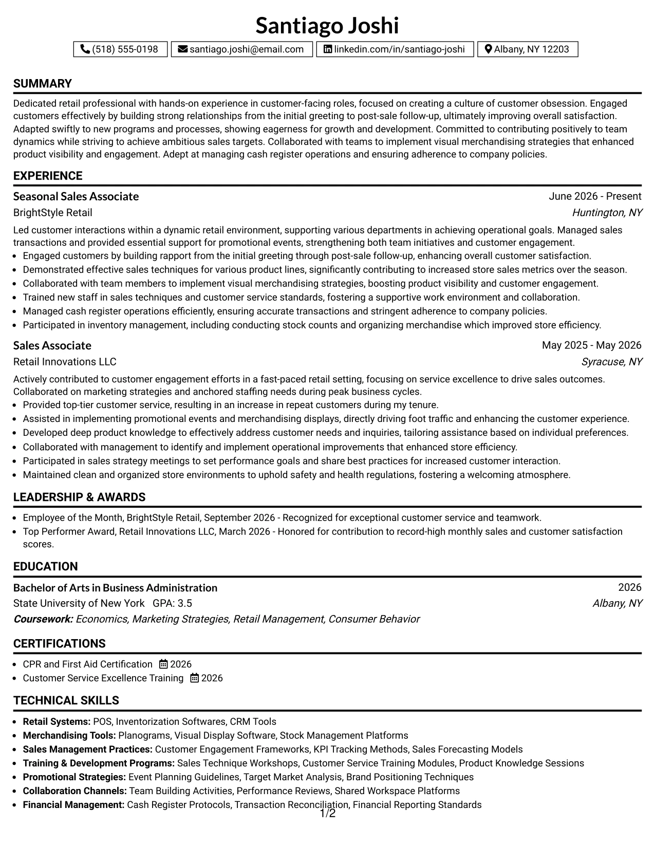 Resume Example Page 1