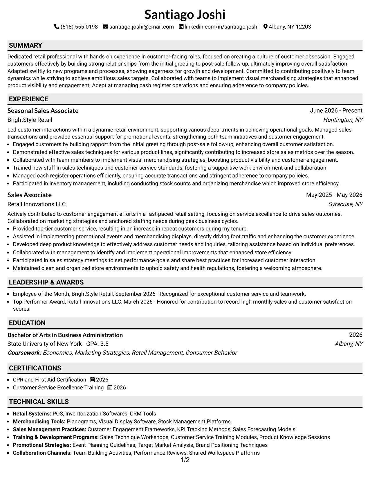 Resume Example Page 1