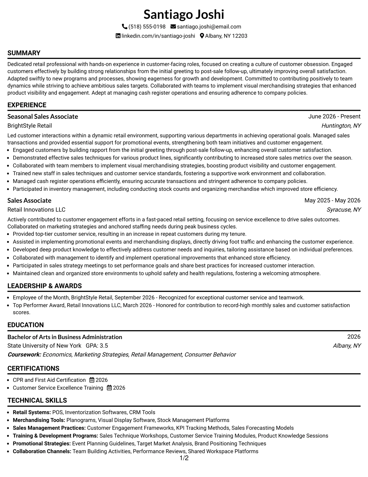 Resume Example Page 1