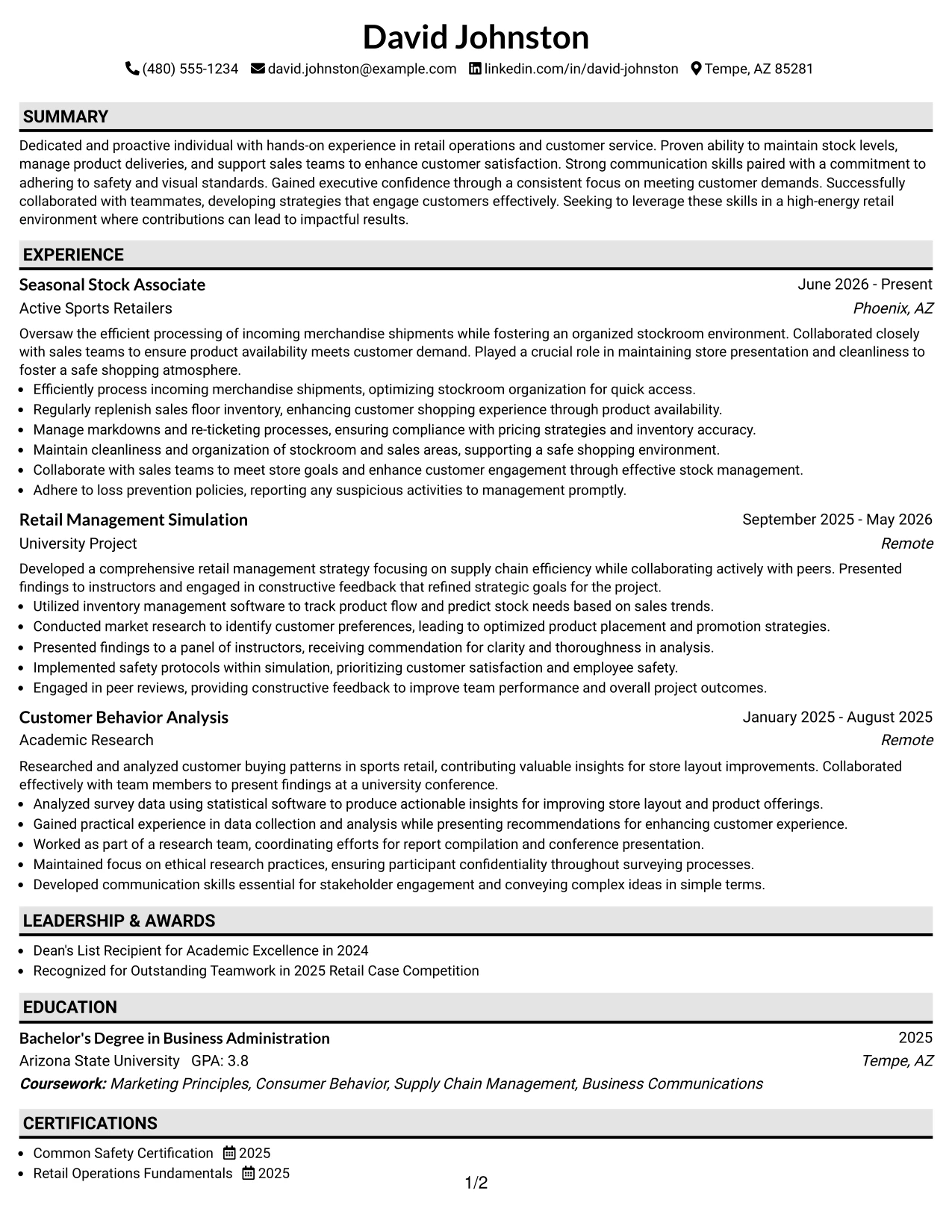 Resume Example Page 1