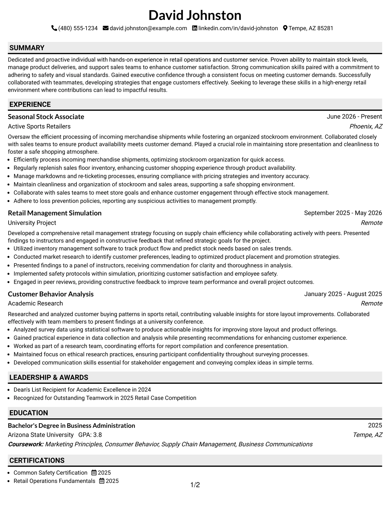 Resume Example Page 1