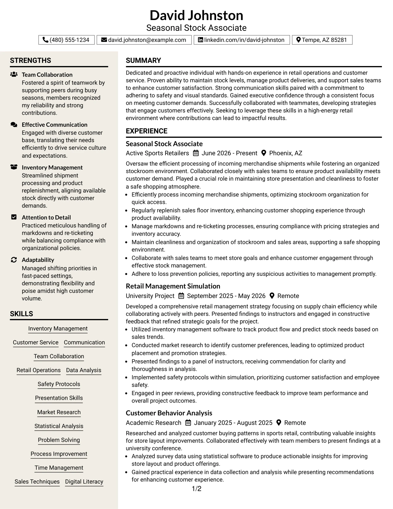 Resume Example Page 1