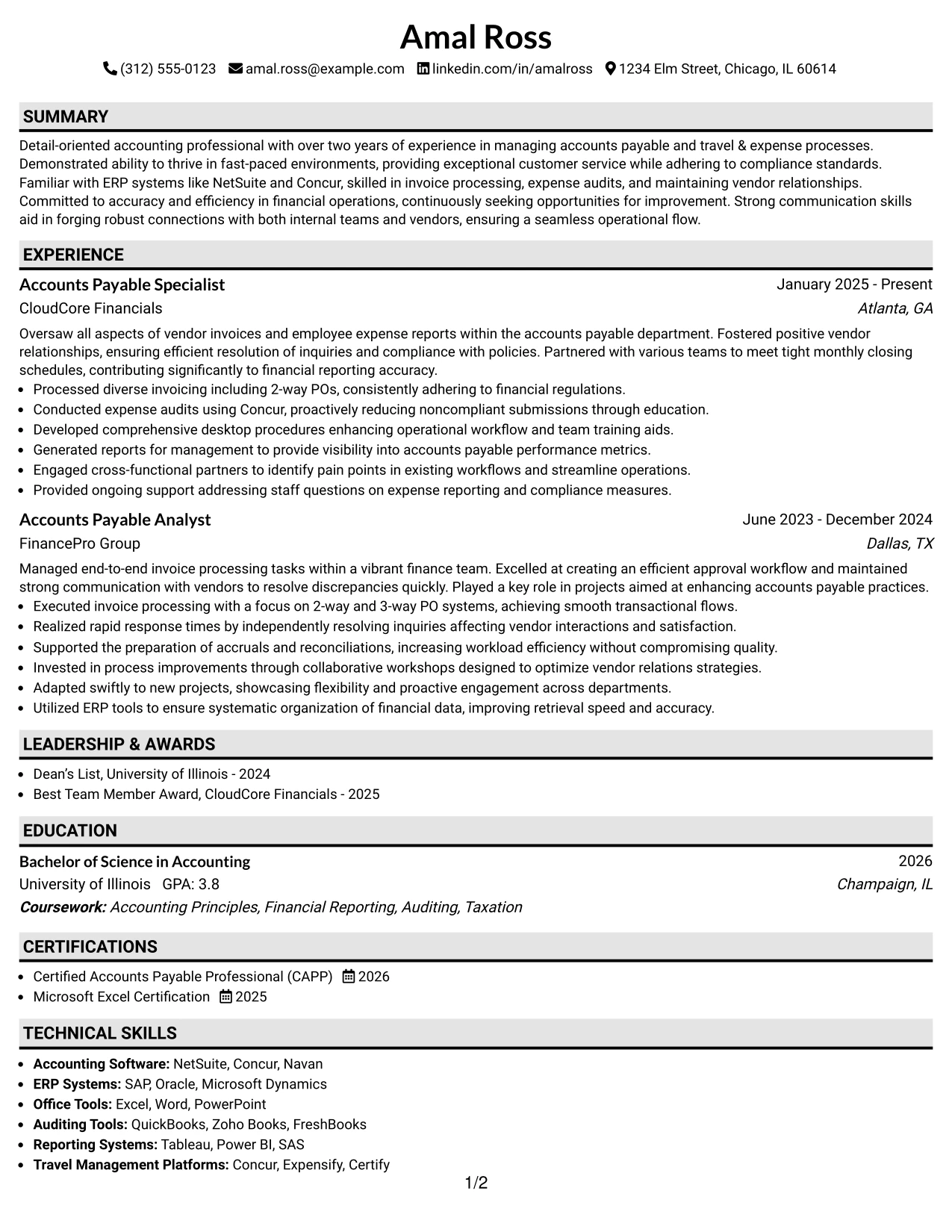 Resume Example Page 1