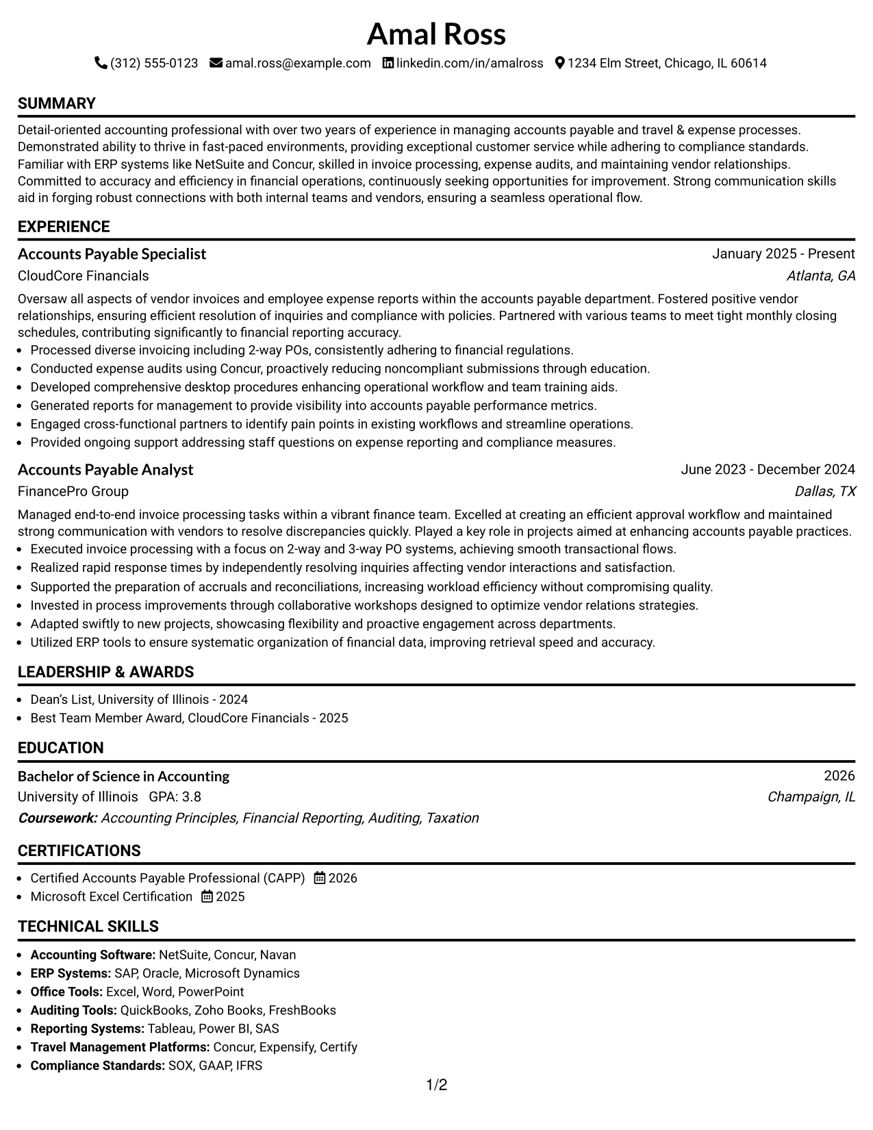 Resume Example Page 1