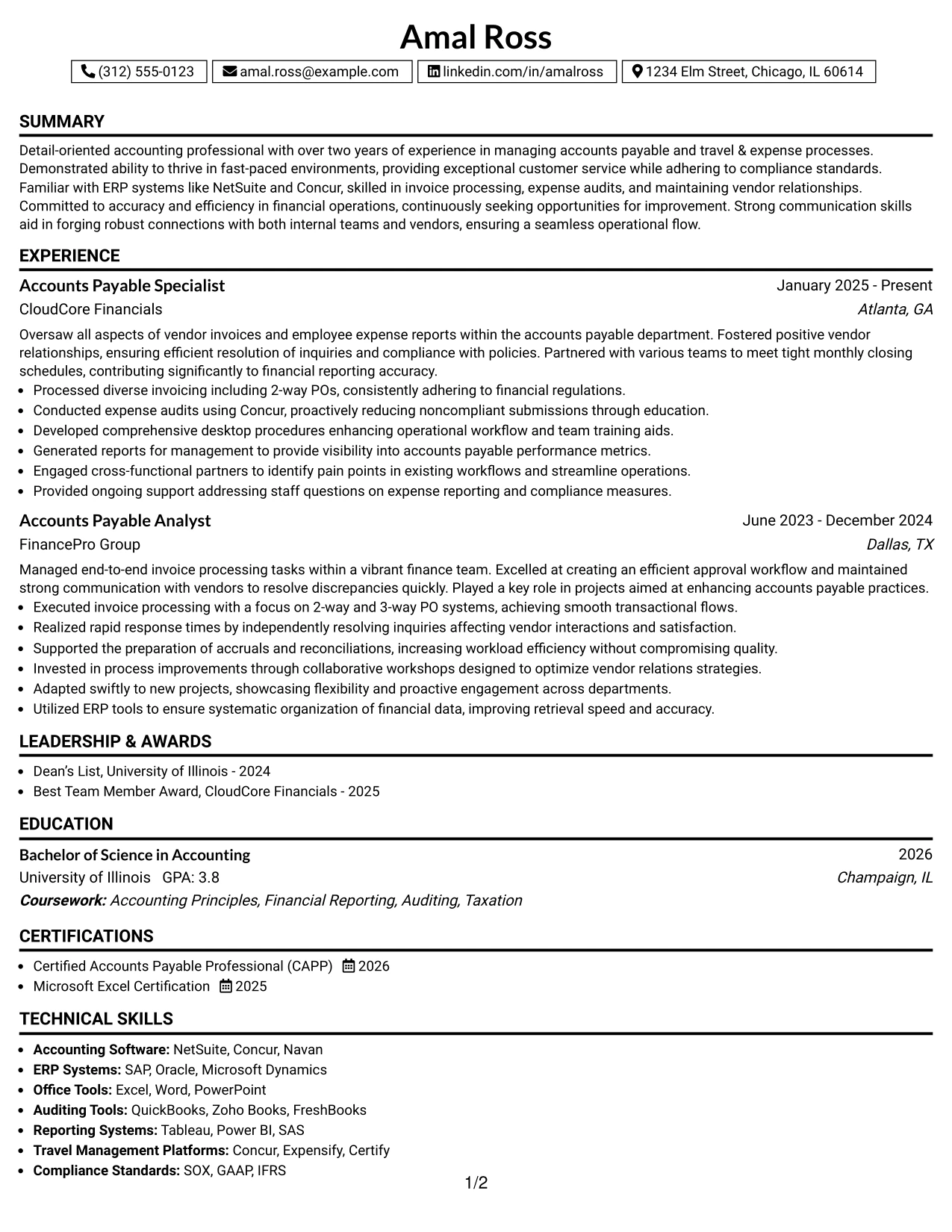 Resume Example Page 1