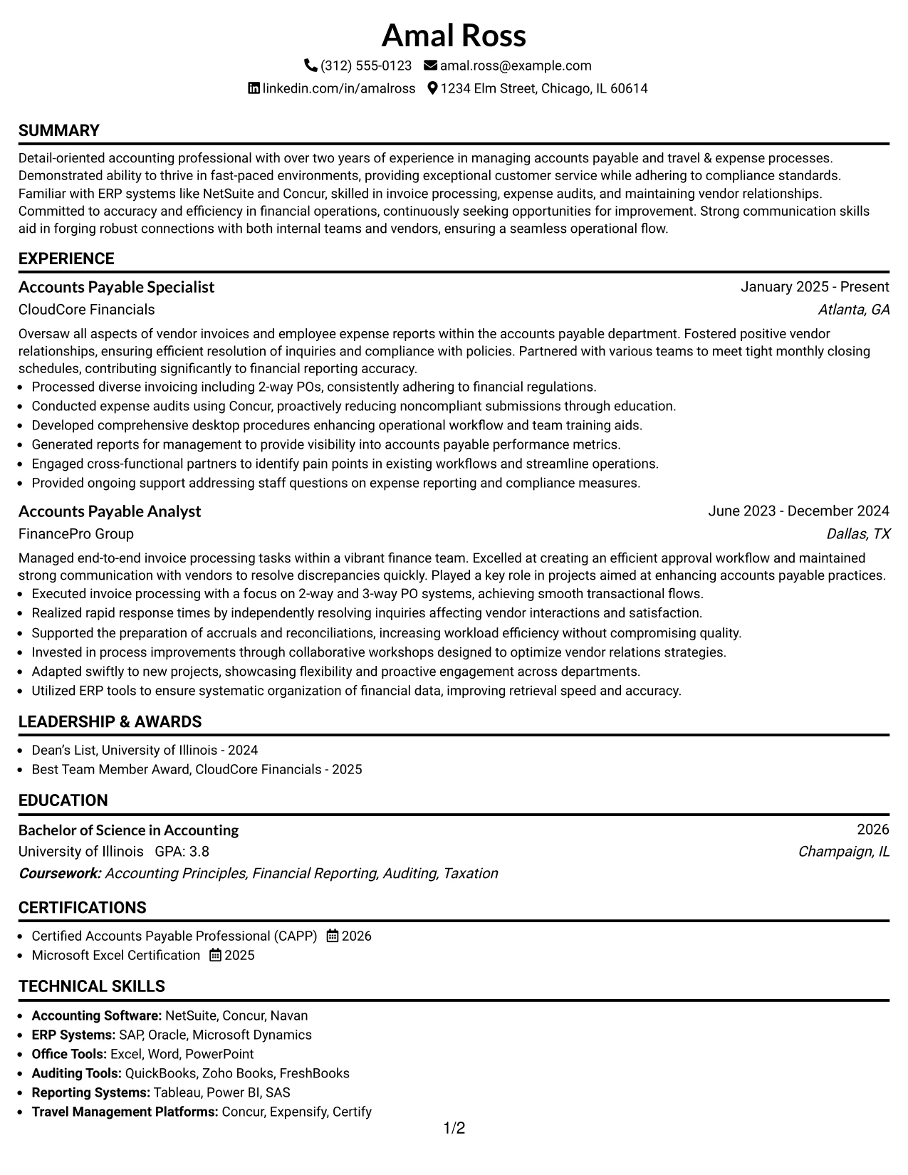 Resume Example Page 1
