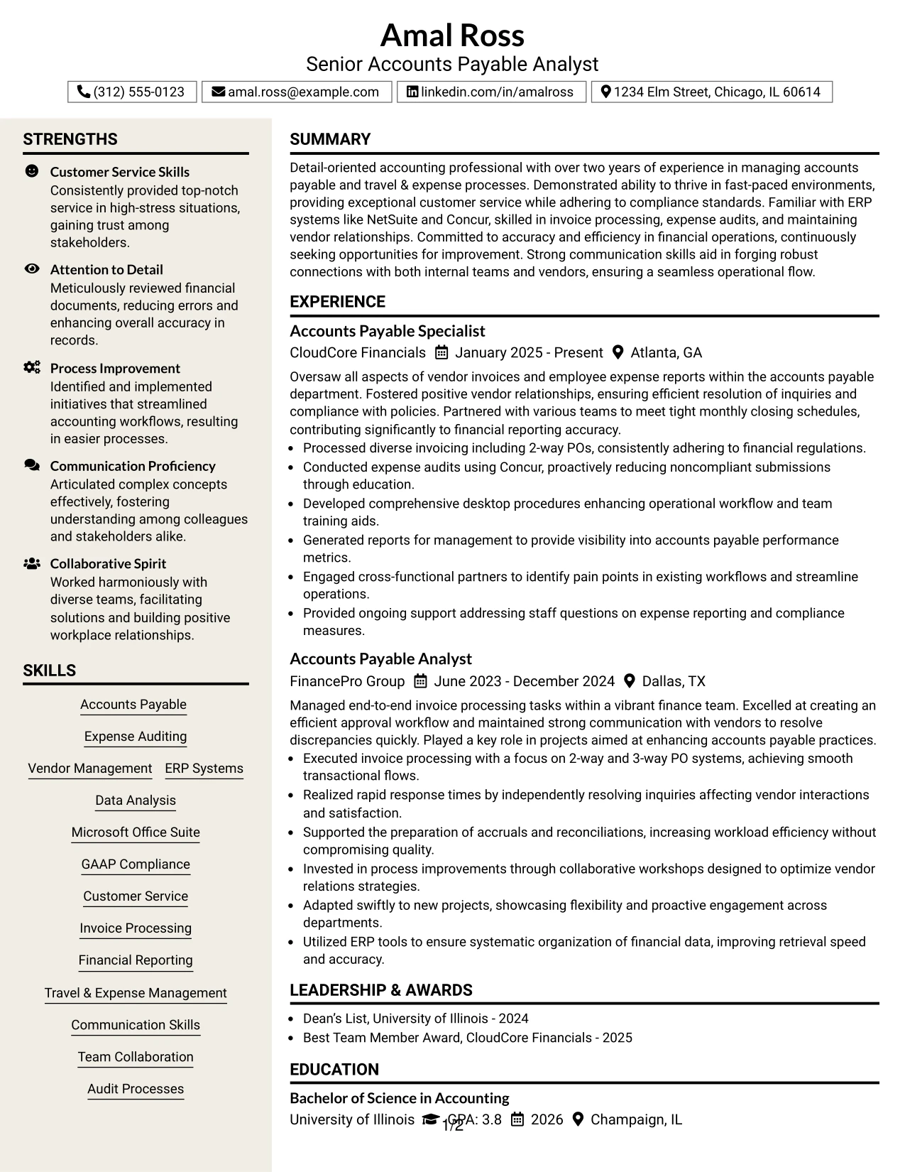 Resume Example Page 1