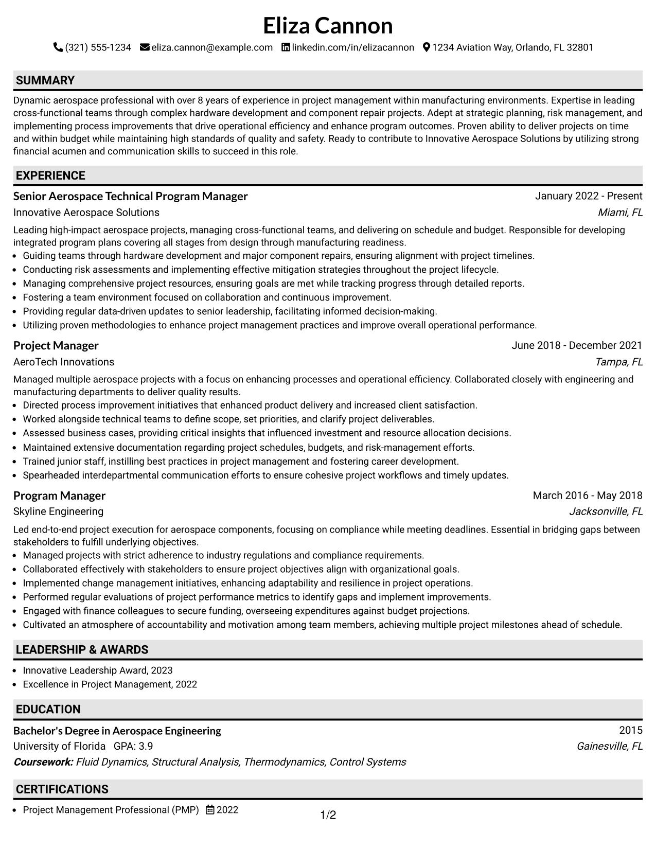 Resume Example Page 1