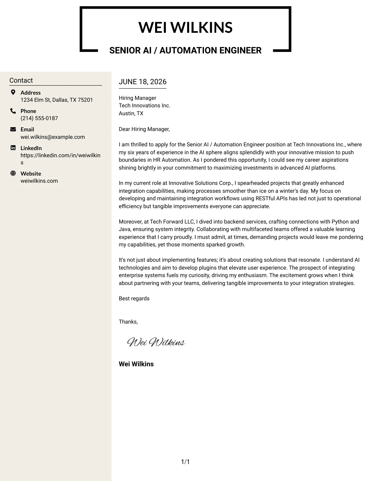 Resume Example Page 1