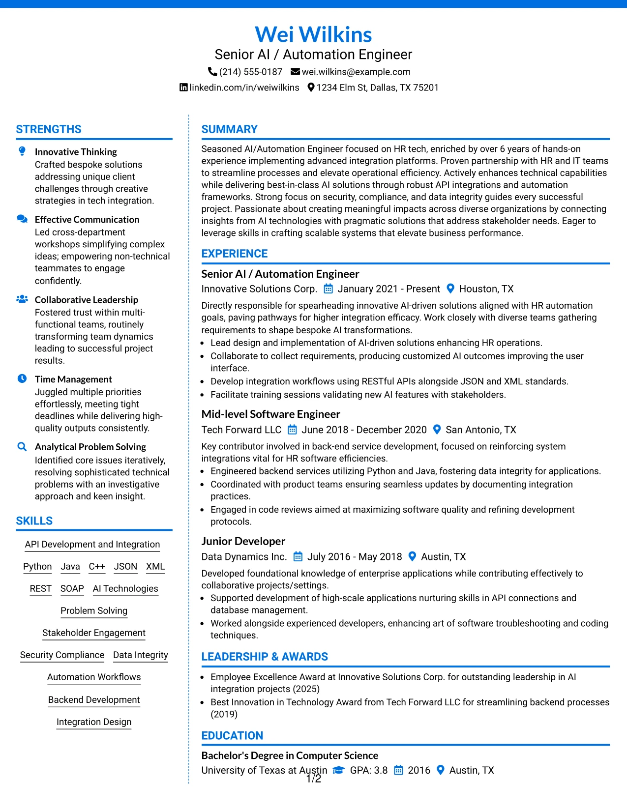 Resume Example Page 1