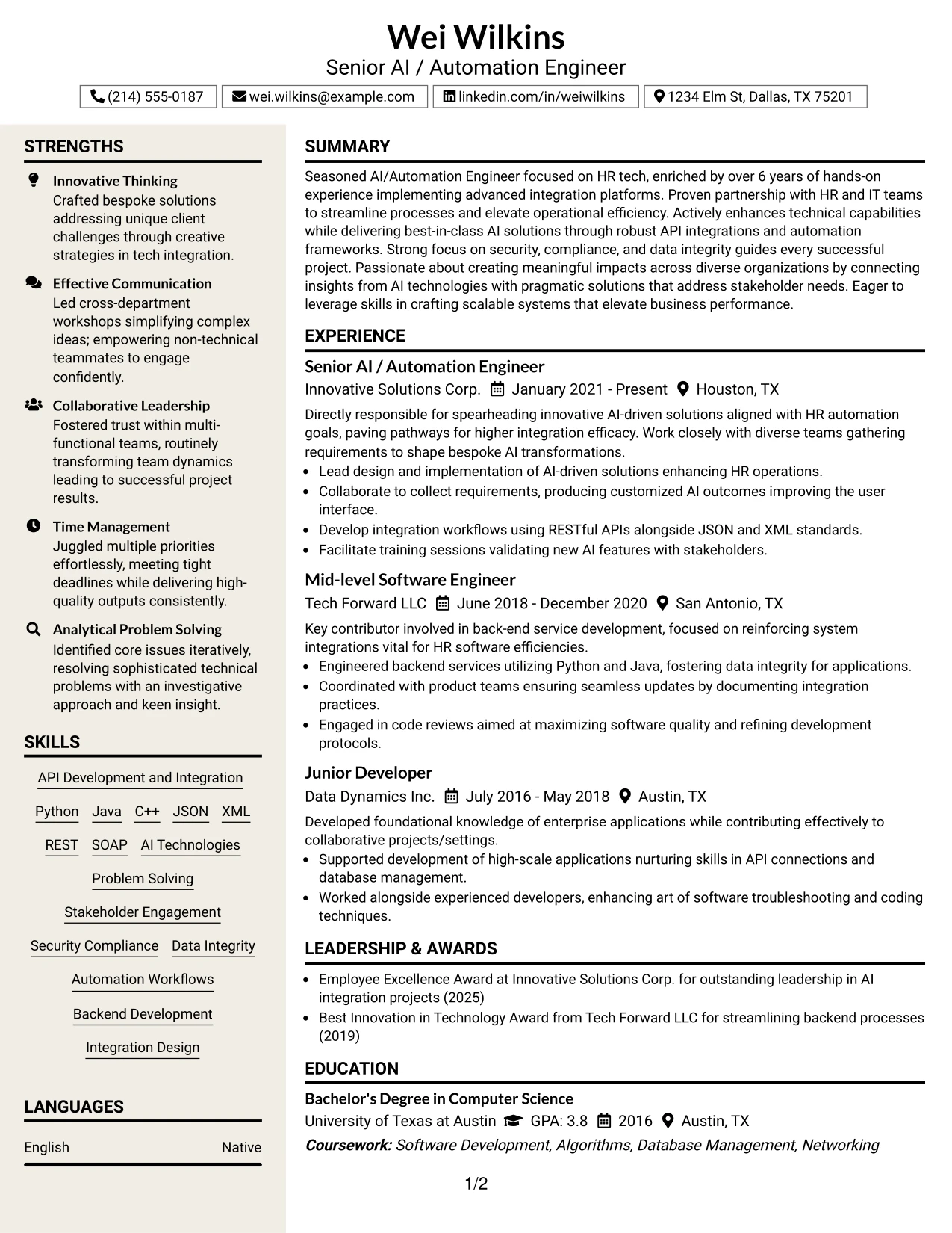 Resume Example Page 1