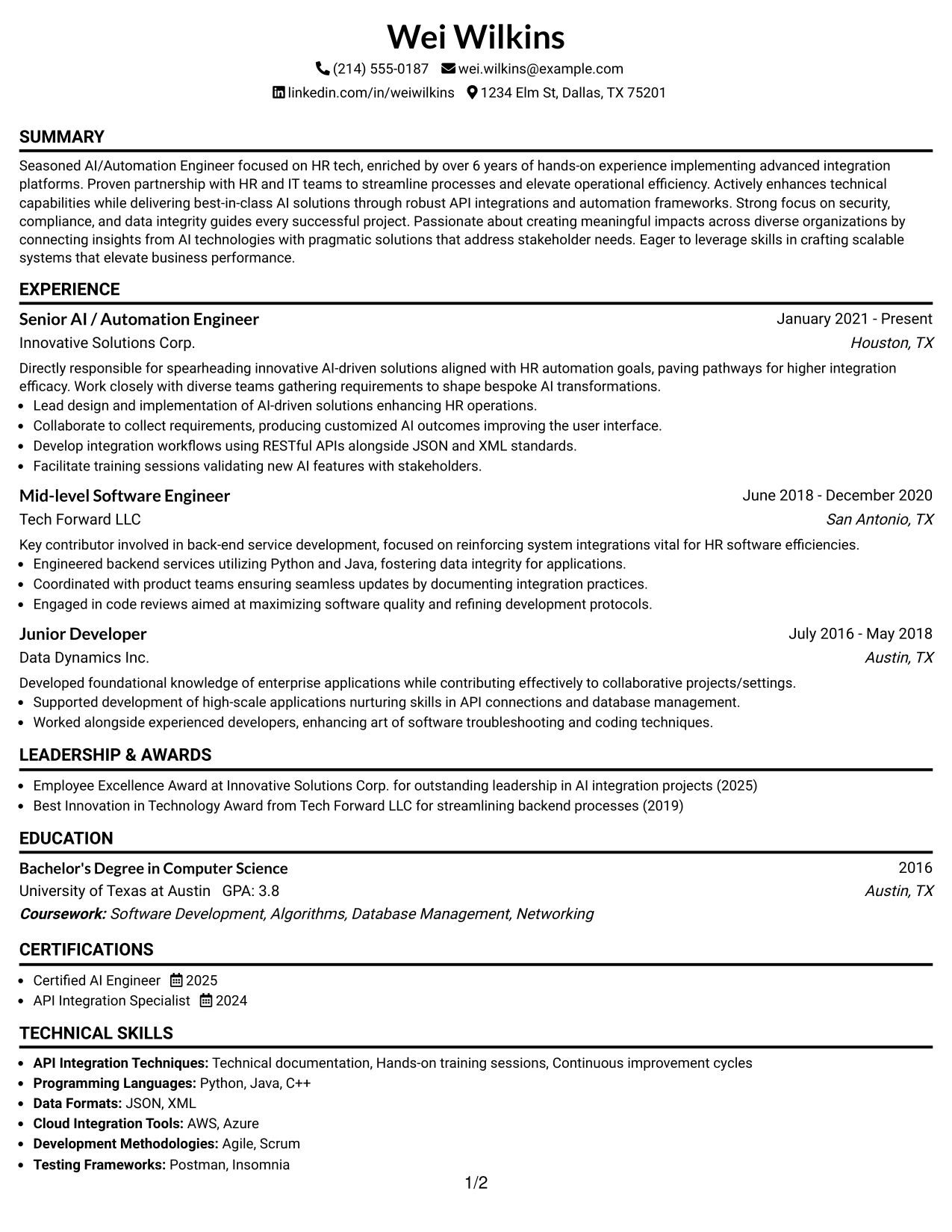 Resume Example Page 1