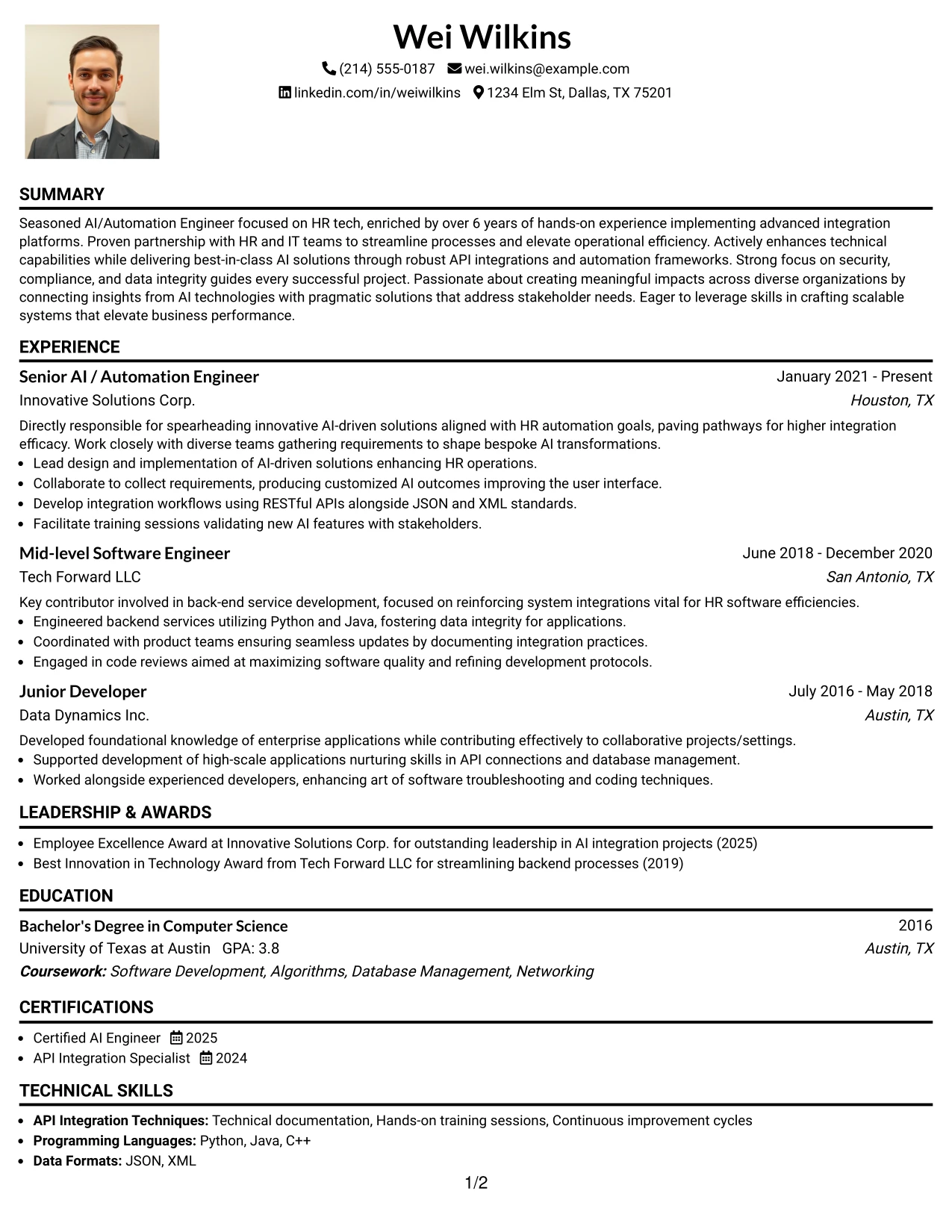 Resume Example Page 1