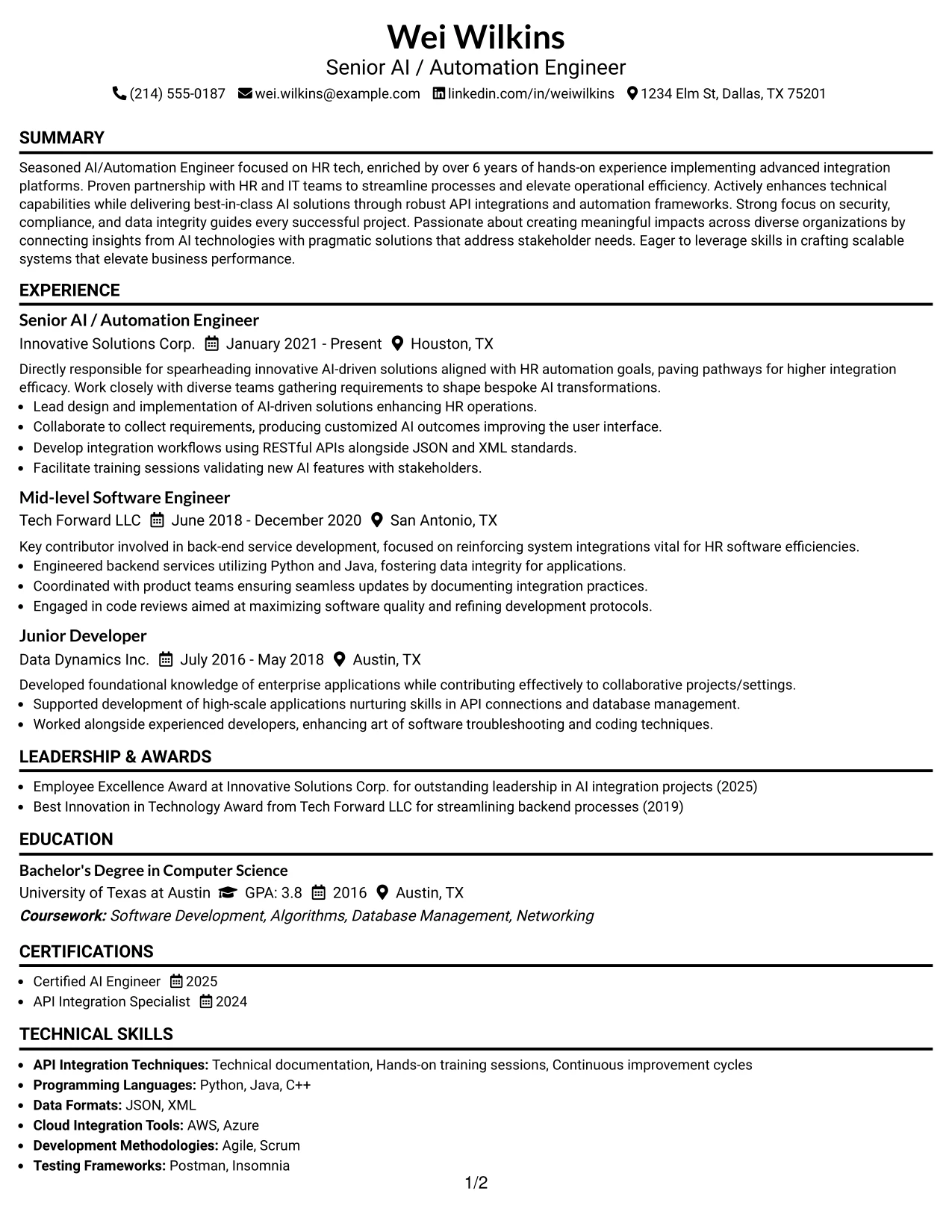 Resume Example Page 1