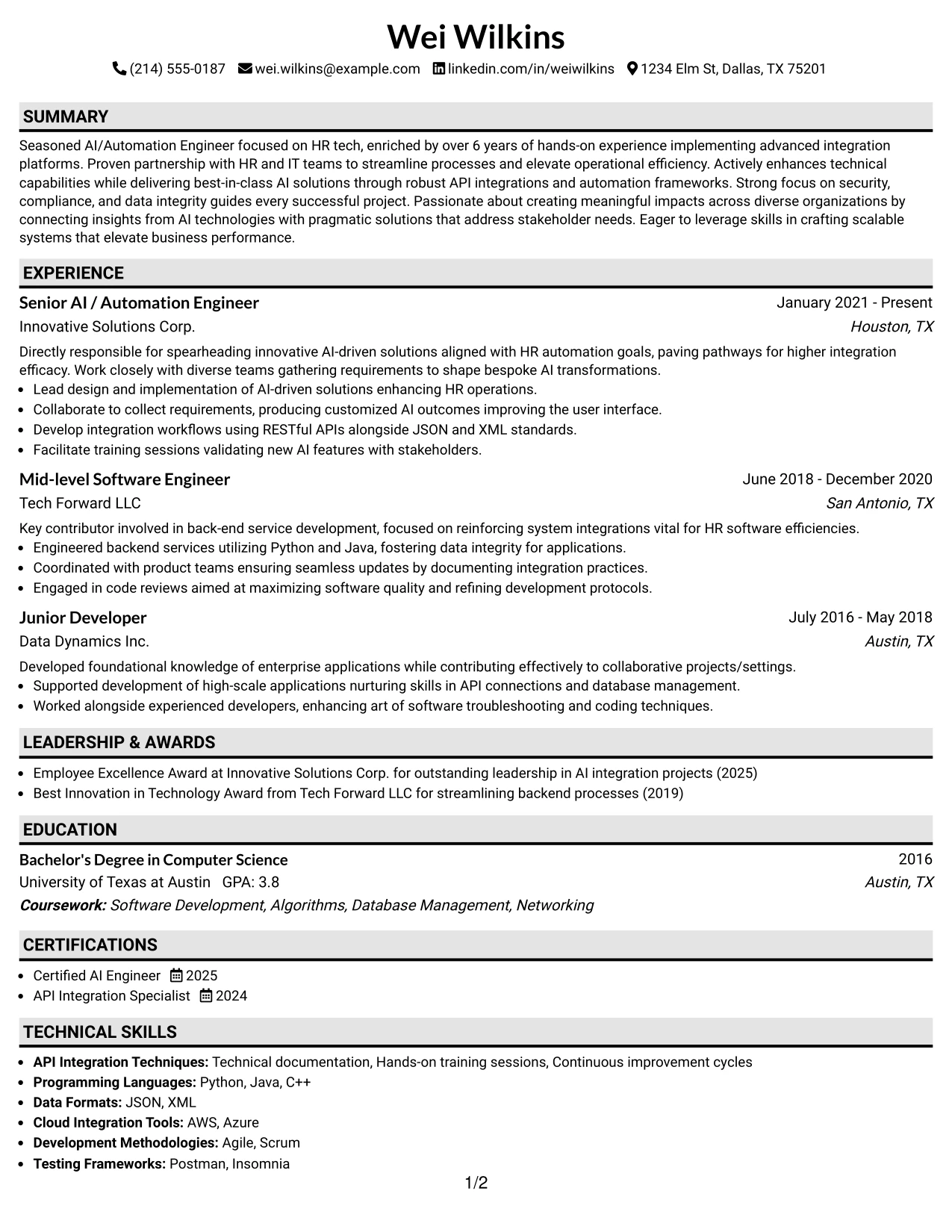 Resume Example Page 1