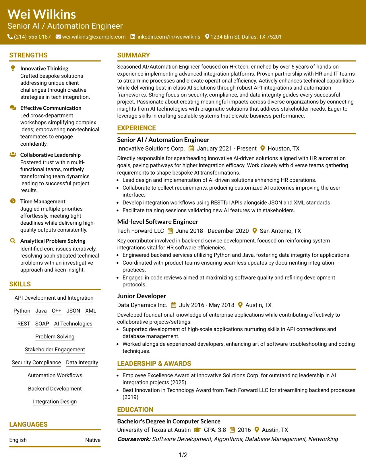 Resume Example Page 1