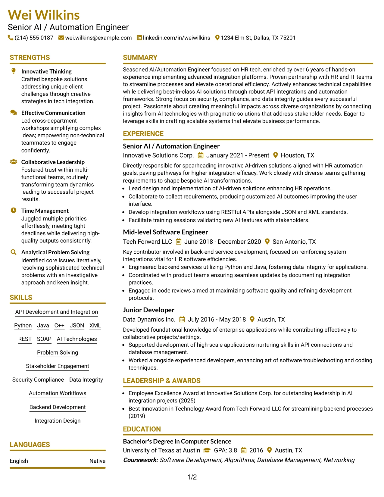 Resume Example Page 1