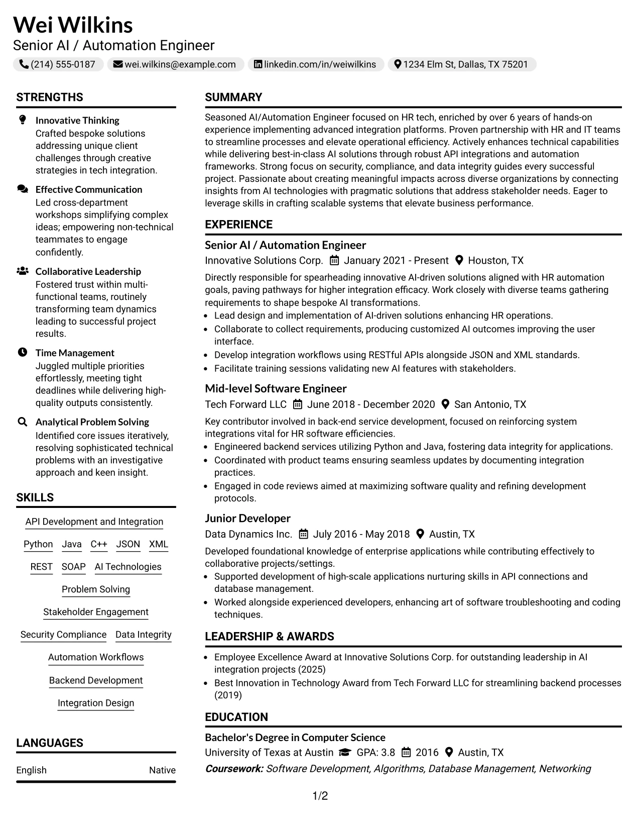 Resume Example Page 1
