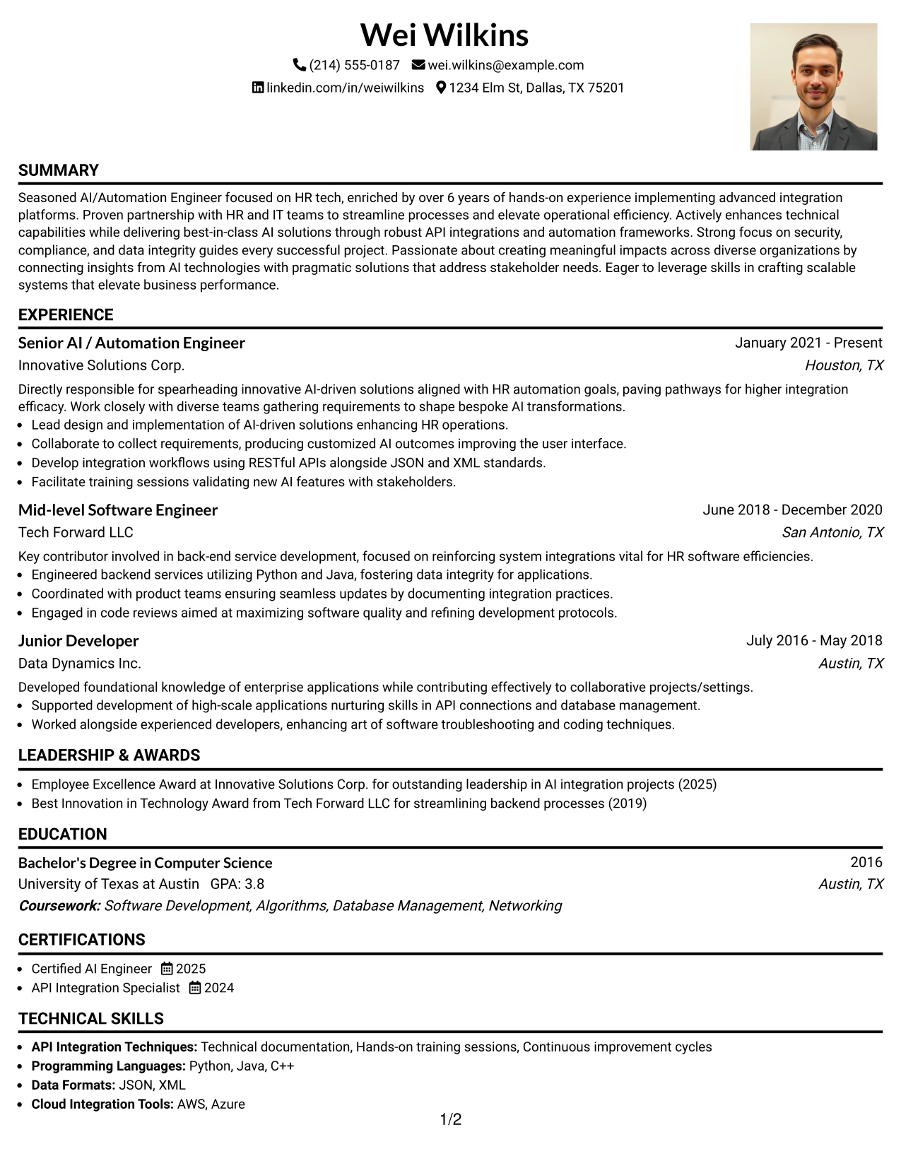 Resume Example Page 1