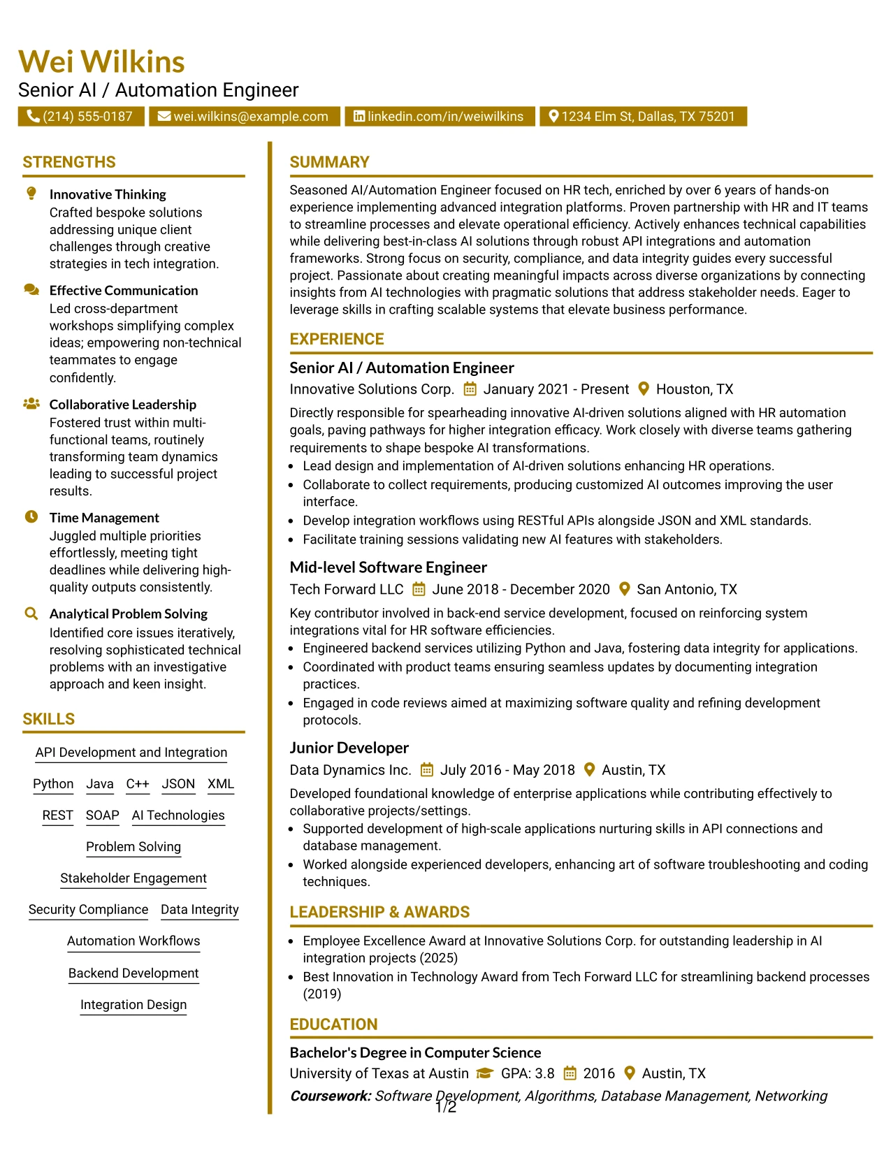 Resume Example Page 1