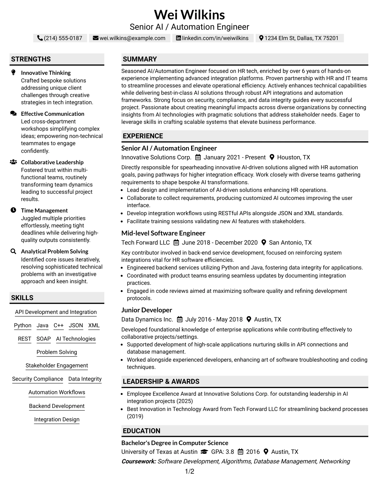 Resume Example Page 1