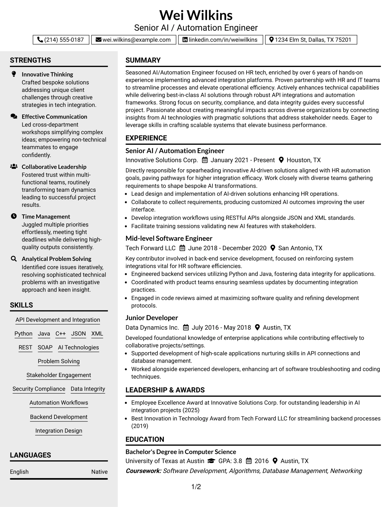 Resume Example Page 1