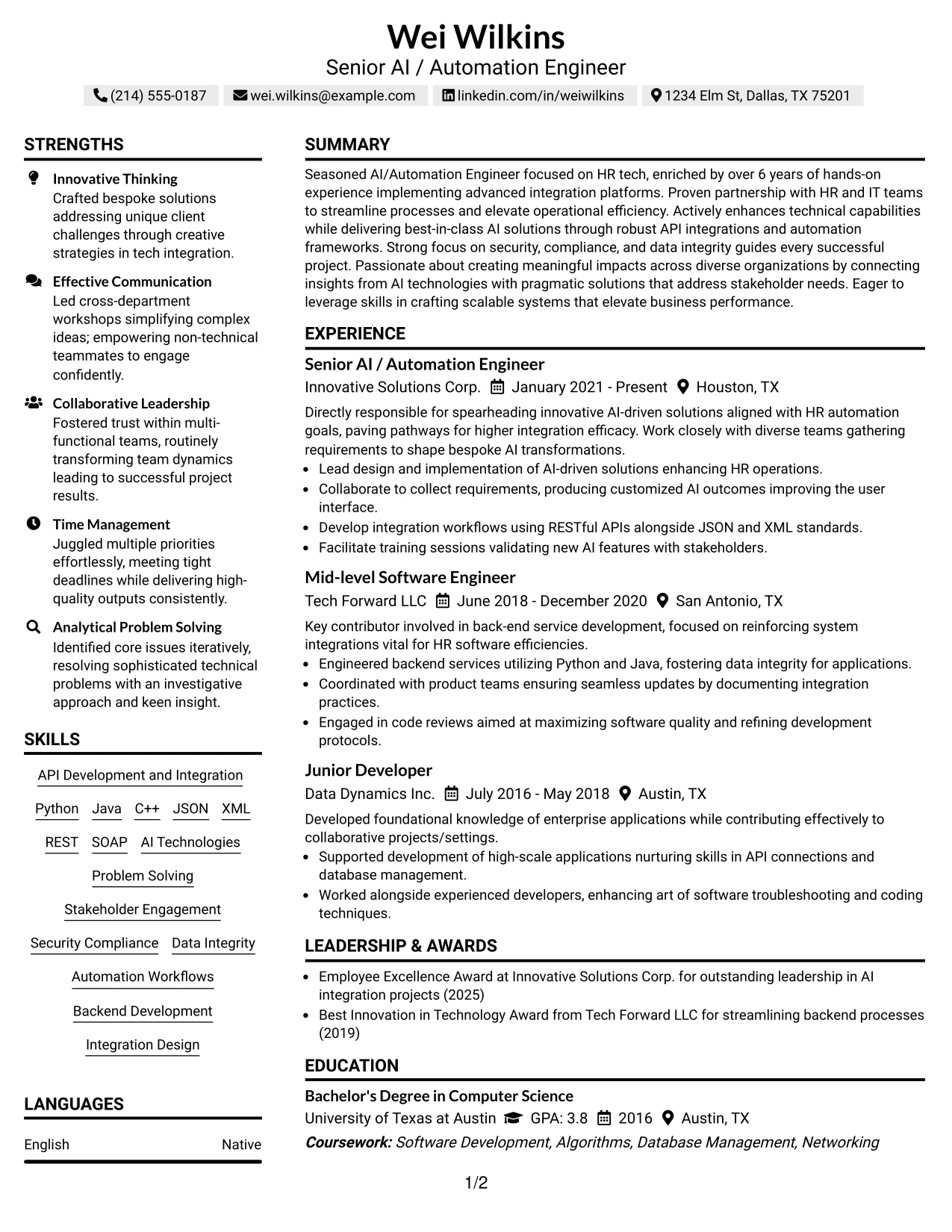 Resume Example Page 1