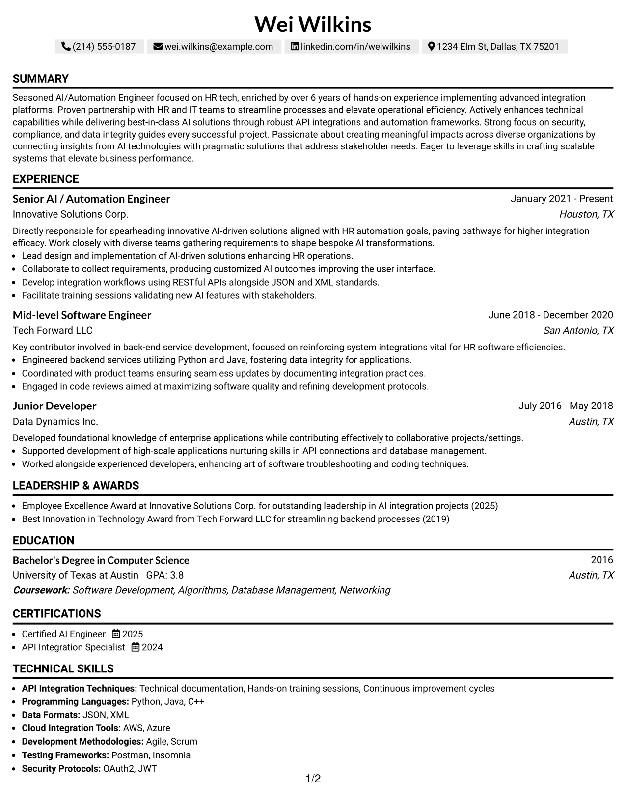 Resume Example Page 1