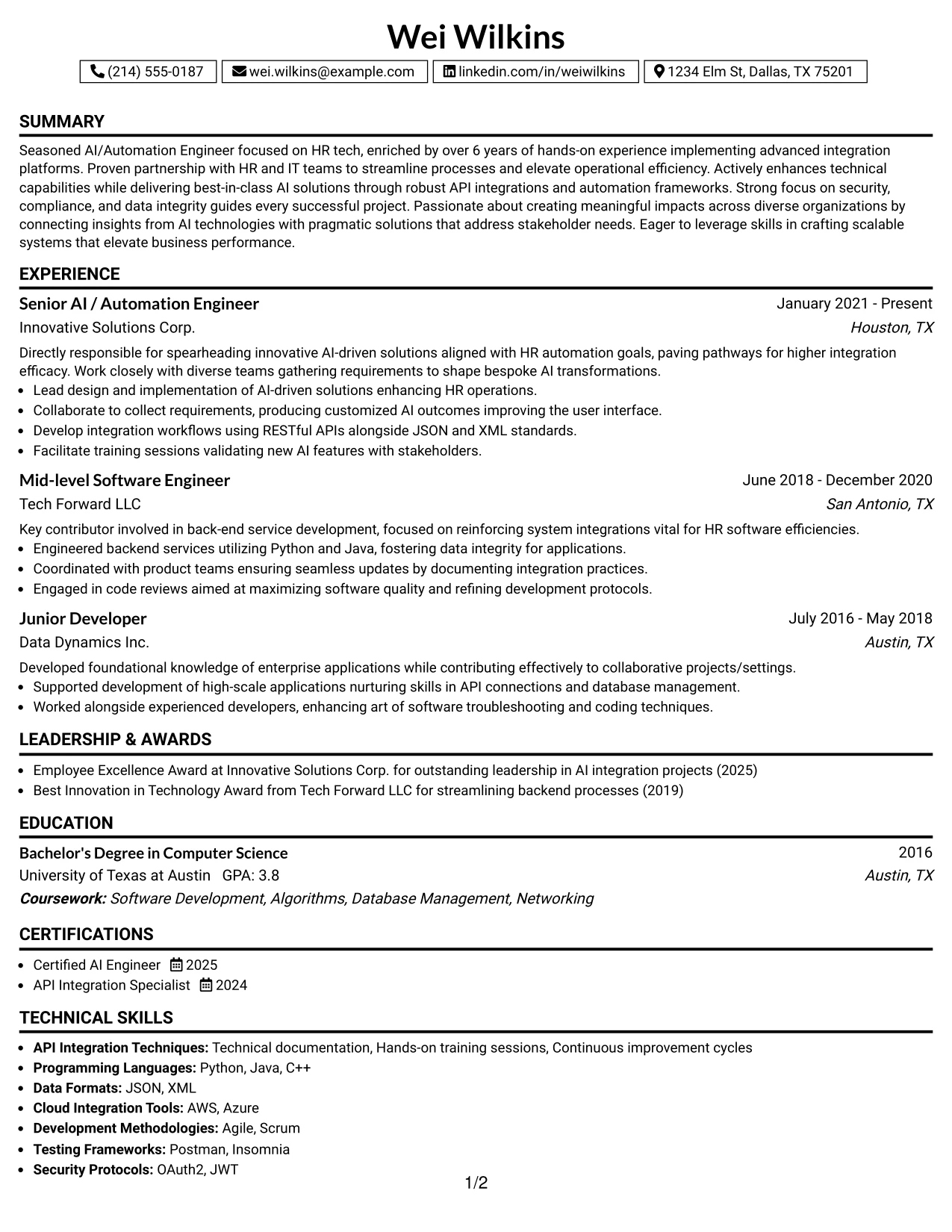 Resume Example Page 1