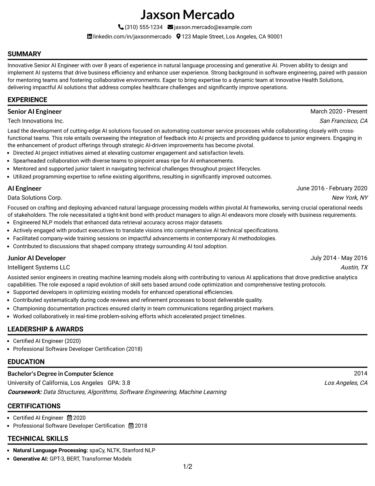 Resume Example Page 1