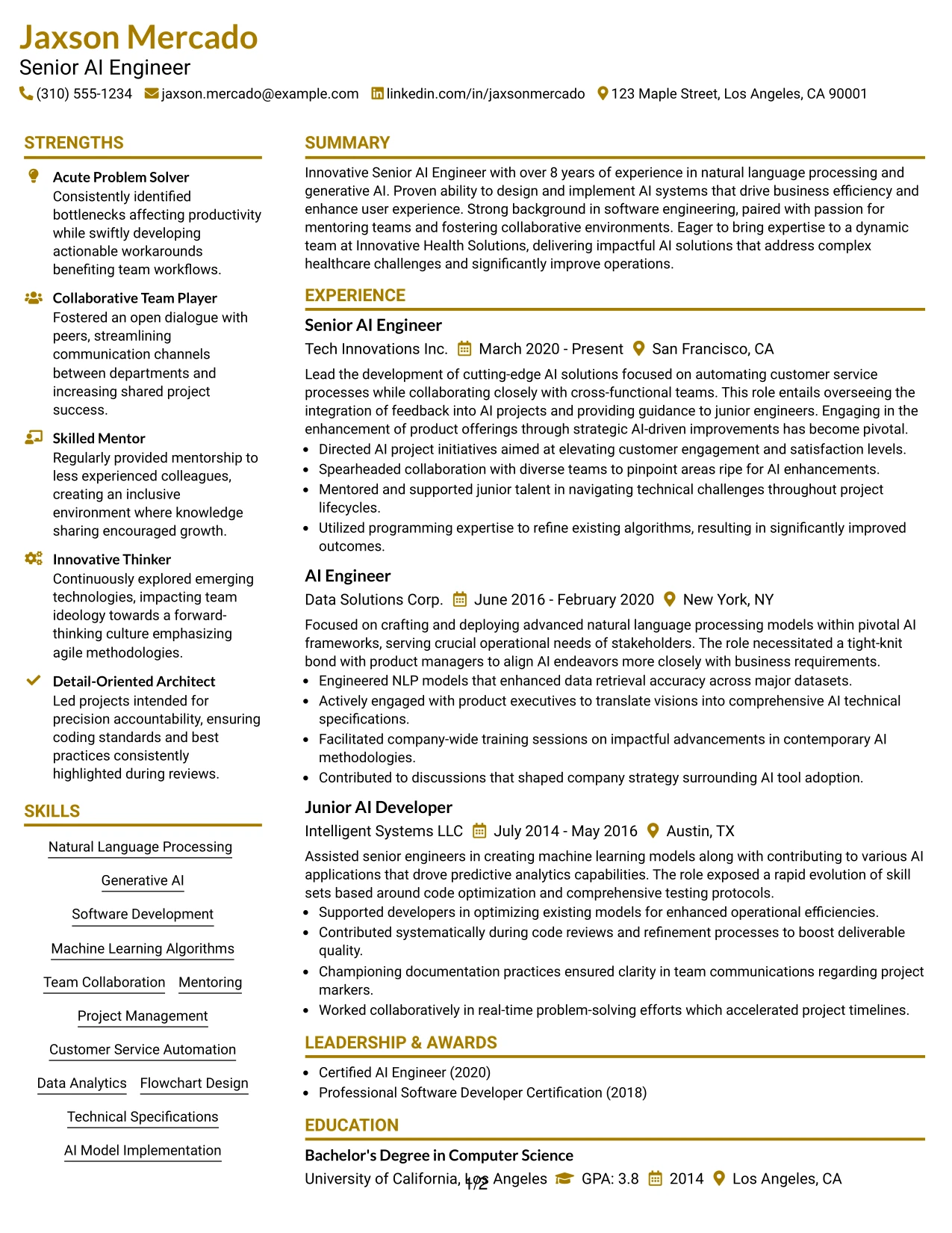 Resume Example Page 1