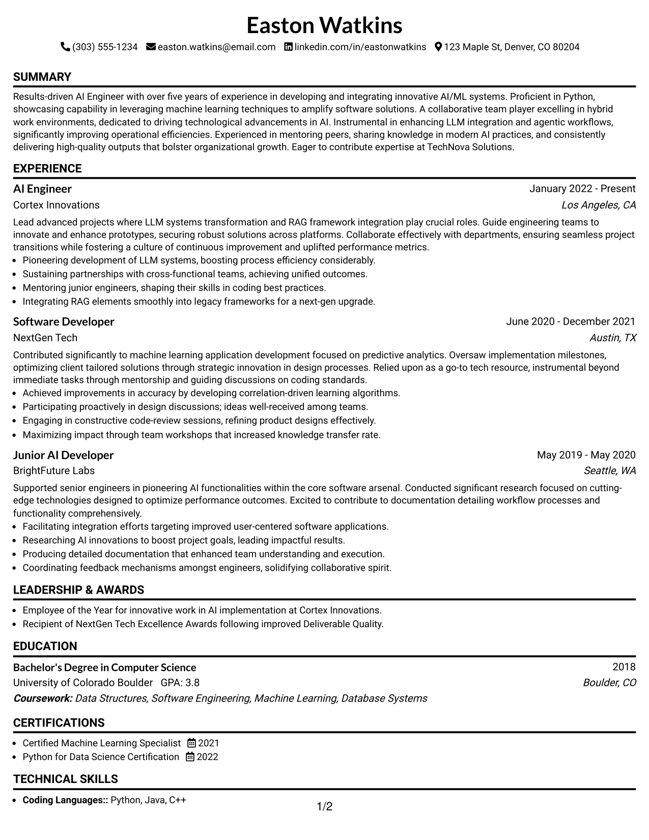 Resume Example Page 1