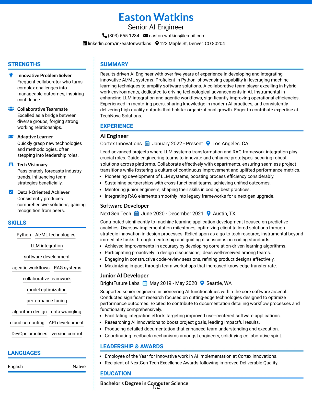 Resume Example Page 1